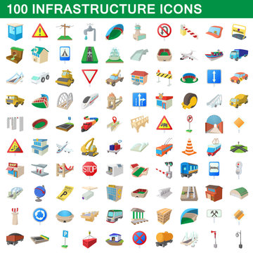 100 infrastructure set, cartoon style
