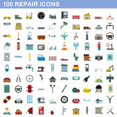 100 repair icons set, flat style