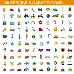 100 service and garage icons set, cartoon style