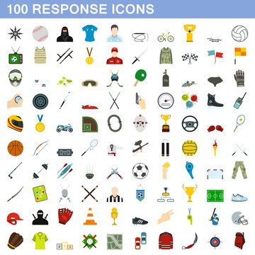 100 response icons set, flat style