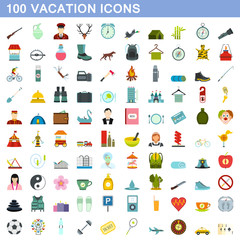 100 vacation icons set, flat style