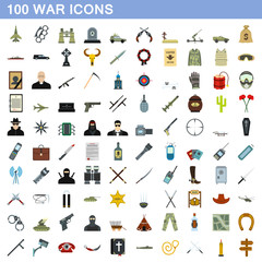 100 war icons set, flat style
