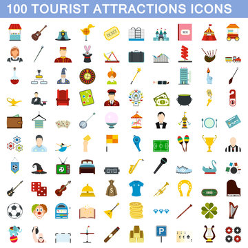 100 tourist attraction icons set, flat style