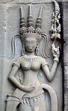 Ancient reliefs at Angkor Wat Temple, Cambodia