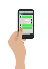Hand holding mobile phone. Vector illustration. Green Chat boxes on smartphone screen. Messaging concept. Flat style image. Message boxes.