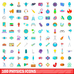 100 physics icons set, cartoon style