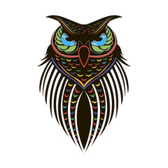 Colorful painted owl on white background, tattoo