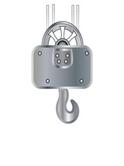 Metal hook gray color on the wheel with a rope, a symbol, an icon for hanging ideas, subject