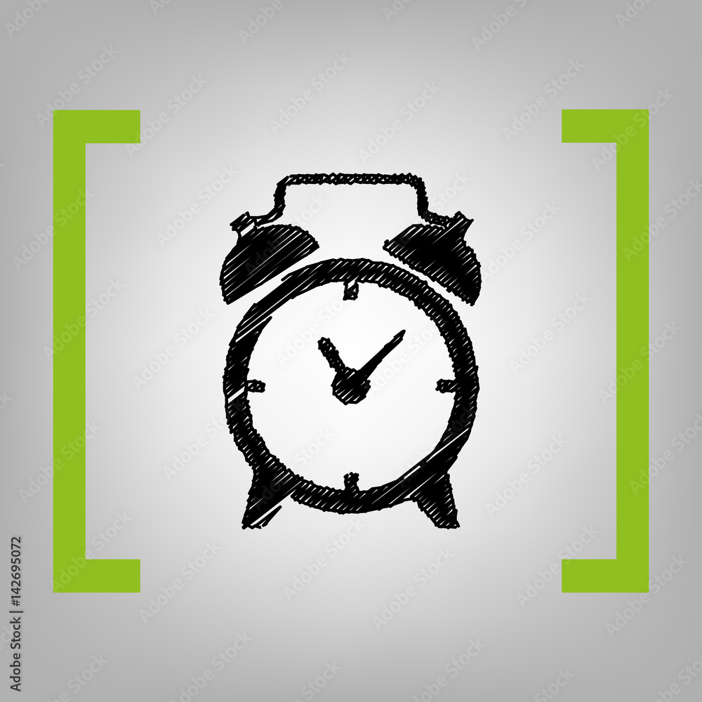 Poster alarm clock sign. vector. black scribble icon in citron brackets on grayish background.