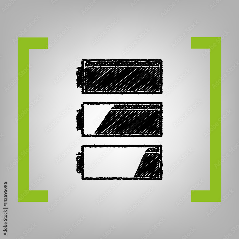 Poster set of battery charge level indicators. vector. black scribble icon in citron brackets on grayish ba