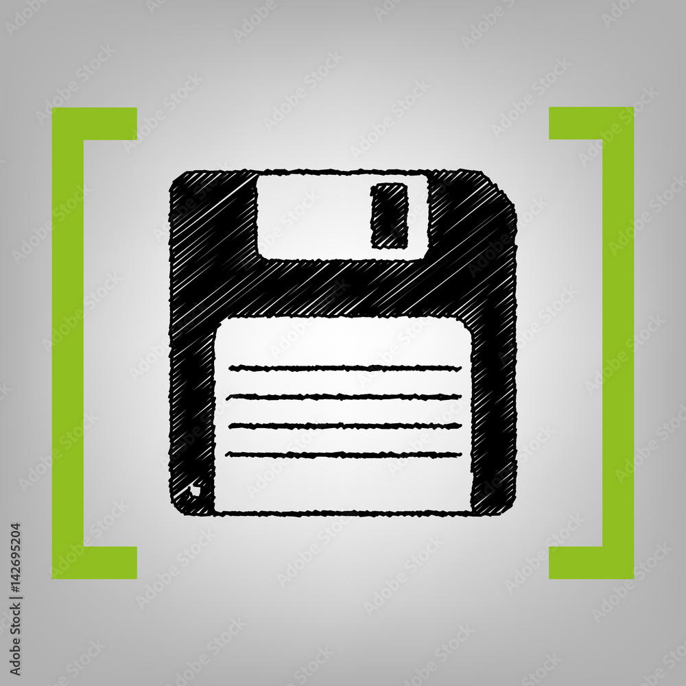 Poster floppy disk sign. vector. black scribble icon in citron brackets on grayish background.
