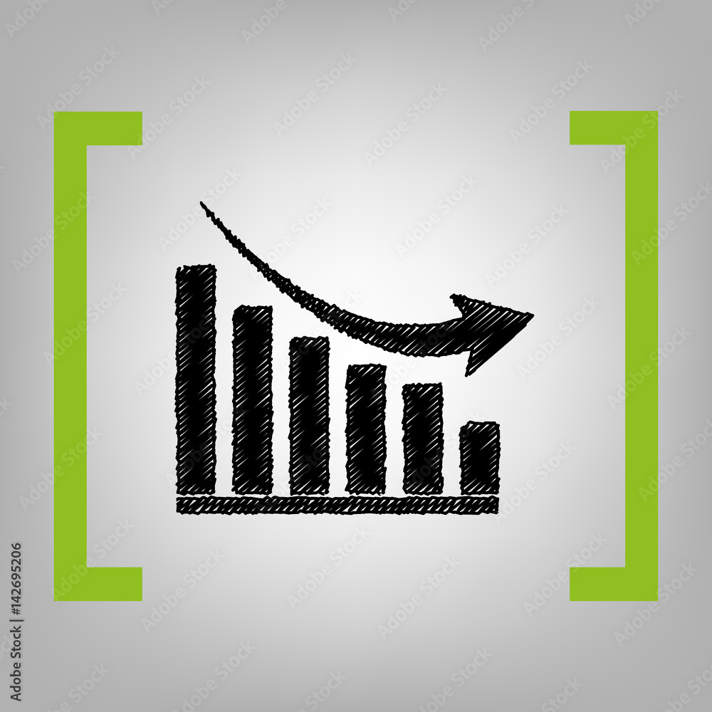 Poster declining graph sign. vector. black scribble icon in citron brackets on grayish background.