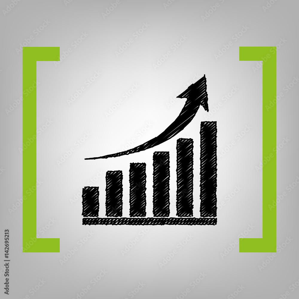 Poster growing graph sign. vector. black scribble icon in citron brackets on grayish background.