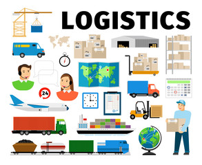 Fototapeta na wymiar Logistics vector elements isolated on white background. Worker and transport, warehouse distribution work fulfillment center