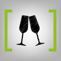 Obraz premium Sparkling champagne glasses. Vector. Black scribble icon in citron brackets on grayish background.