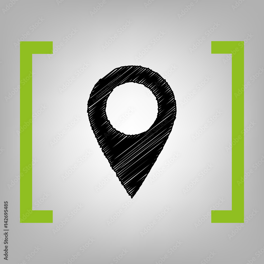 Poster mark pointer sign. vector. black scribble icon in citron brackets on grayish background.