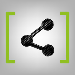 Share sign illustration. Vector. Black scribble icon in citron brackets on grayish background.