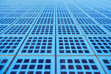Glass plates pavement wih solar modules. Modern solar technology. Monument to the Sun, Zadar, Croatia (Pozdrav suncu). Huge circle from solar glass plates.