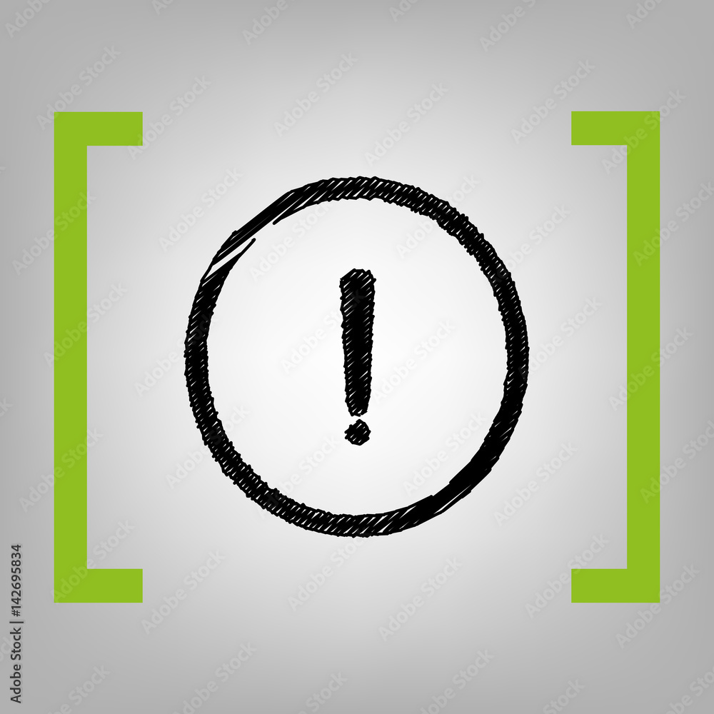 Poster exclamation mark sign. vector. black scribble icon in citron brackets on grayish background.