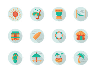 Tropical beach vacation round flat vector icons