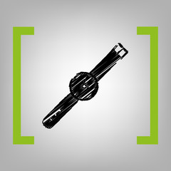 Watch sign illustration. Vector. Black scribble icon in citron brackets on grayish background.