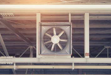Obraz premium Fan on steel structure for ventilation system and air conditioner system of industrial building.