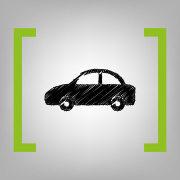 Car sign illustration. Vector. Black scribble icon in citron brackets on grayish background.