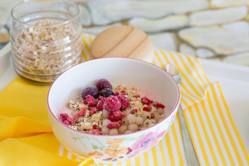 healthy breakfast with natural yogurt, muesli and berries in plate in flower on white tray