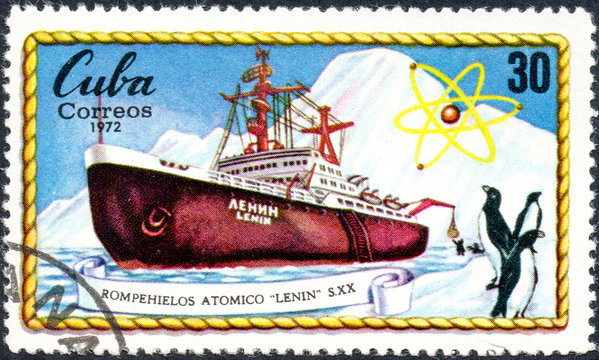 UKRAINE - CIRCA 2017: A postage stamp printed in Cuba shows russian Atomic Icebreakers Lenin, circa 1972
