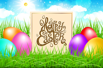 Colorful eggs in a field of grass with blue sky. happy easter lettering modern calligraphy, vector