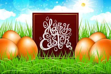 orange eggs in a field of grass with blue sky. happy easter lettering modern calligraphy, vector