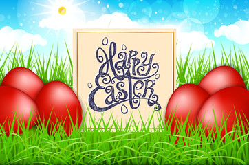 red eggs in a field of grass with blue sky. happy easter lettering modern calligraphy, vector