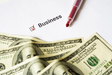 check list with inscription business, dollars and red pan on white paper