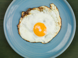 Single Fried Egg on a Blue Plate