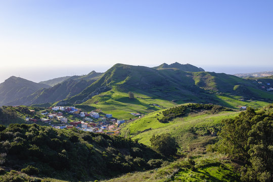 Spain, Canary islands, Tenerife, Anaga mountains, village Jardina near San Cristobal de La Laguna as seen from Mirador de Jardina