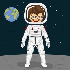 Little nerd boy astronaut standing on the moon surface on backround of earth