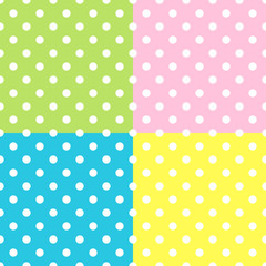 Seamless Patterns, White Polka Dots on red, yellow, blue, green backgrounds. Vector illustration.