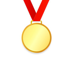 Gold medal on red ribbon with relief detail isolated on background. Vector illustration.