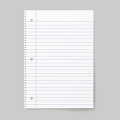 Notebook paper with lines isolated on background. Vector illustration.