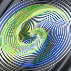 Abstract background of concentric spirals and circles creating an illusion of movement. Green, blue, gray, white, orange and gold vortex resembling molten metal