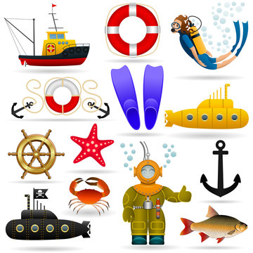 Marine set of objects and characters. Marine animals, water transport, equipment and people under water. Vector .