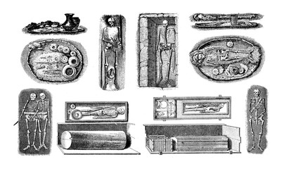 Engraving reproducing prehistorical funeral cave, subterranean chambers and tombs of Celtic people found in Germany