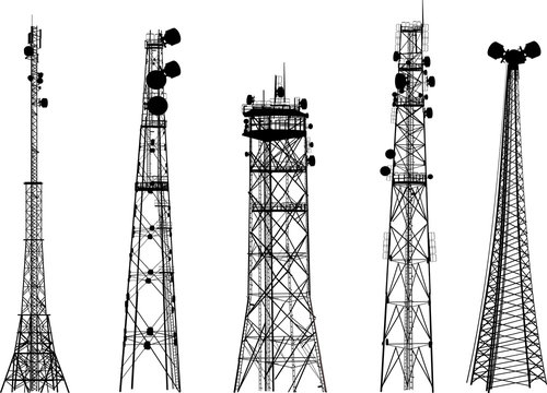 group with five antenna tower silhouettes on white