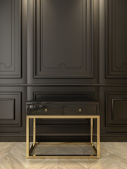 Black console with gold in classic black interior. 3d render illustration.
