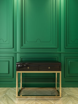 Black console with gold in classic green interior. 3d render illustration.