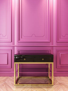 Black console with gold in classic purple interior. 3d render illustration.