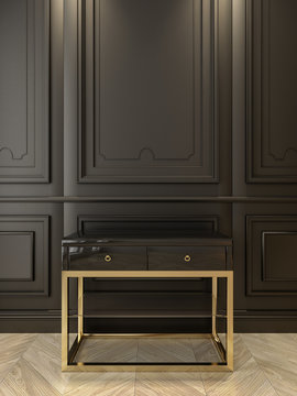 Black console with gold in classic black interior. 3d render illustration.