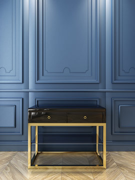 Black console with gold in classic blue interior. 3d render illustration.