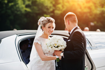 Groom give his hand for bride to take from limousine at wedding day.