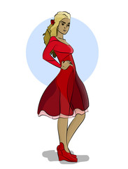 Blonde girl in red dress and high-heeled shoes eps10 illustration